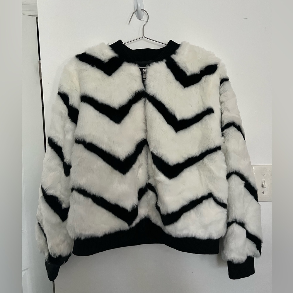Ashro Black & White Chevron Faux Fur Bomber Jacket